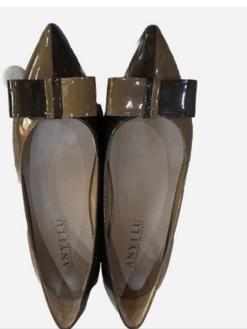 Anyi Lu Two-Tone Black And Brown Patent Flats With Bow